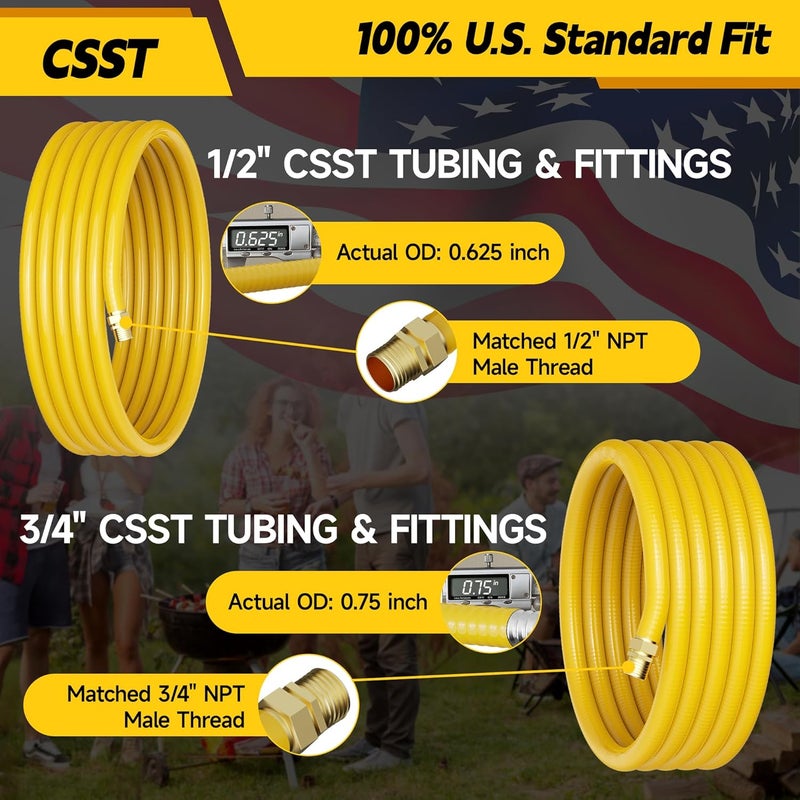 Vruelia Flexible Natural Gas Line Hose | Corrugated Stainless Steel Tubing | 2PCS Brass NPT Male Quick-Connect Adapters | CSST Underground & Propane Conversion Kit for Outdoor Grills (70Ft 3/4'') - Image 2
